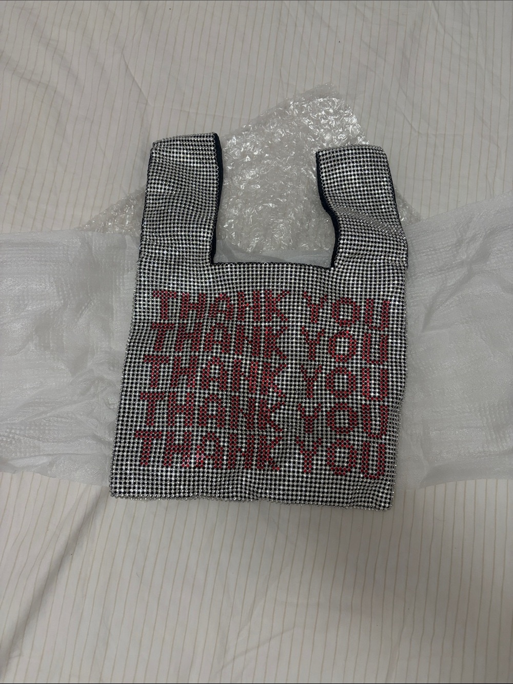 Crystal Mesh Thank You Tote Bag in Black and Red
